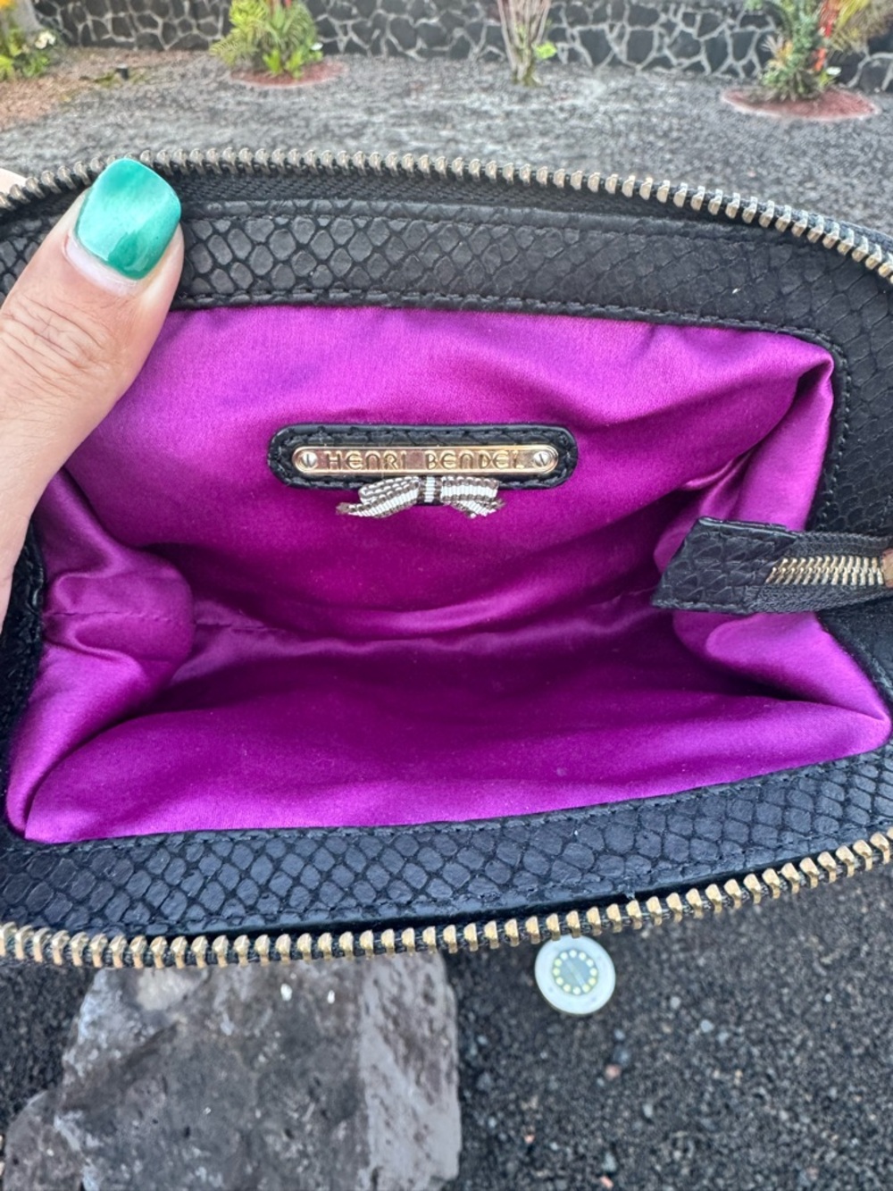 Henri Bendel Black Snakeskin Leather Cosmetic Bag Clutch Pink Lining - Picture 9 of 11